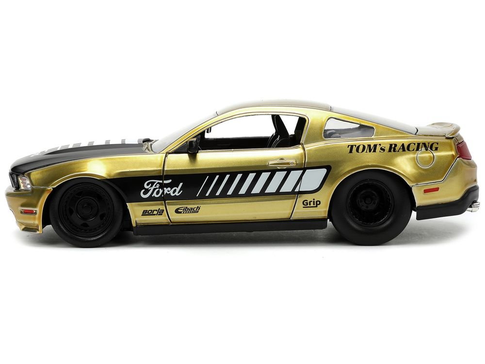 2010 Ford Mustang GT Gold Metallic with Black Graphics and Hood "Tom's Racing" "Bigtime Muscle" Series 1/24 Diecast Model Car by Jada view 3
