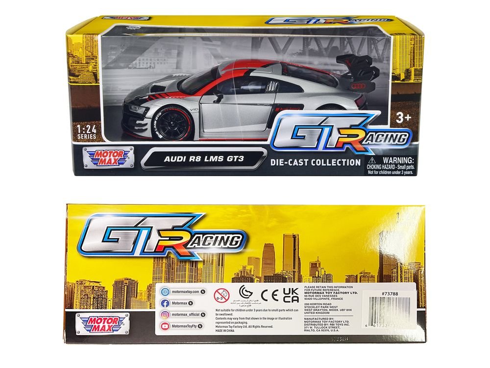 Audi R8 LMS GT3 Silver Metallic with Graphics "GT Racing" Series 1/24 Diecast Model Car by Motormax view 3
