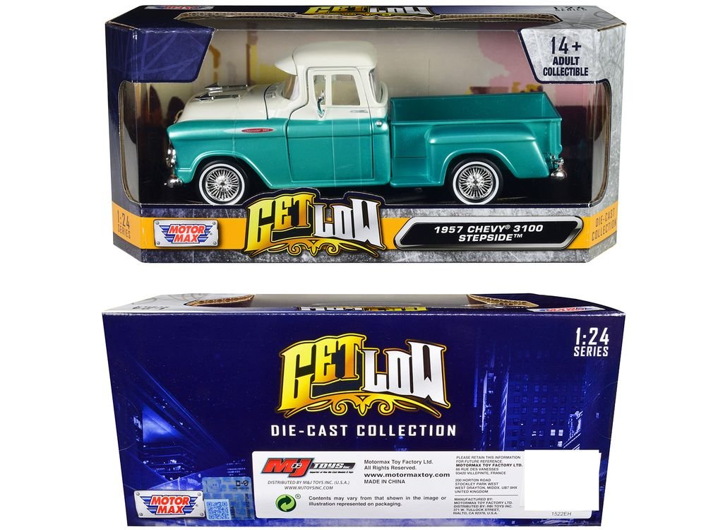 1957 Chevrolet 3100 Stepside Pickup Truck Lowrider Turquoise Metallic and White with White Interior "Get Low" Series 1/24 Diecast Model Car by Motormax view 3