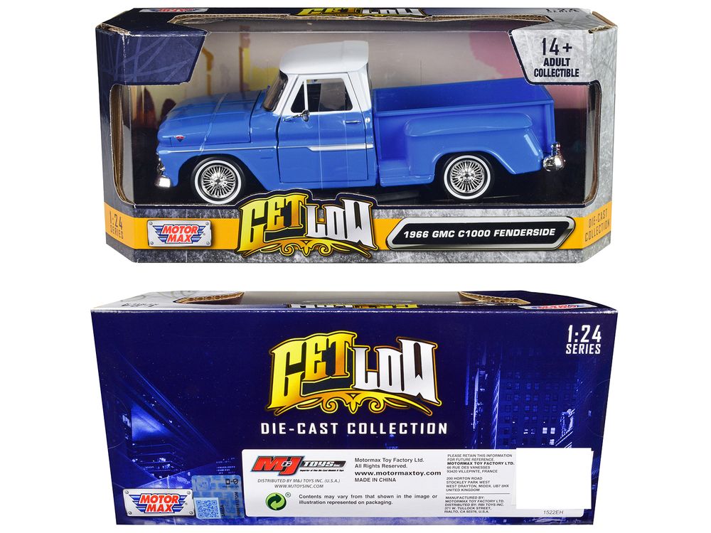 1966 GMC C1000 Fenderside Pickup Truck Lowrider Blue with White Top "Get Low" Series 1/24 Diecast Model Car by Motormax view 3