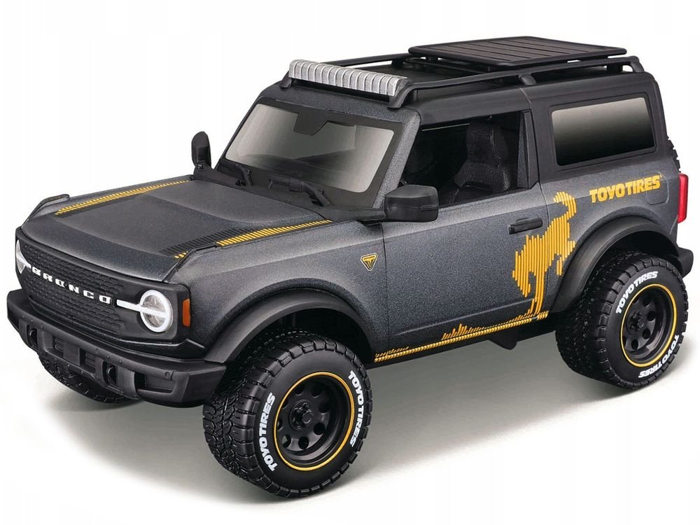 2021 Ford Bronco Badlands Dark Gray Metallic with Gold Graphics and Roof Rack "Off-Road" "Maisto Design" Series 1/24 Diecast Model Car by Maisto view 2