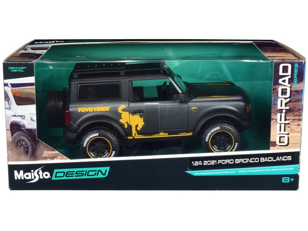 2021 Ford Bronco Badlands Dark Gray Metallic with Gold Graphics and Roof Rack "Off-Road" "Maisto Design" Series 1/24 Diecast Model Car by Maisto view 3
