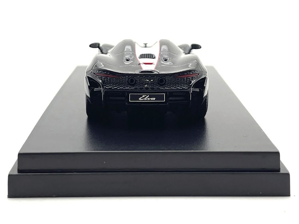 McLaren Elva Convertible #4 Carbon Black with White and Red Stripes 1/64 Diecast Model Car by LCD Models view 3