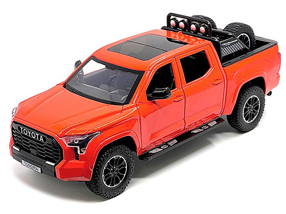 2023 Toyota Tundra TRD 4x4 Pickup Truck Solar Octane Orange with Sunroof and Wheel Rack 1/24 Diecast Model Car view 2