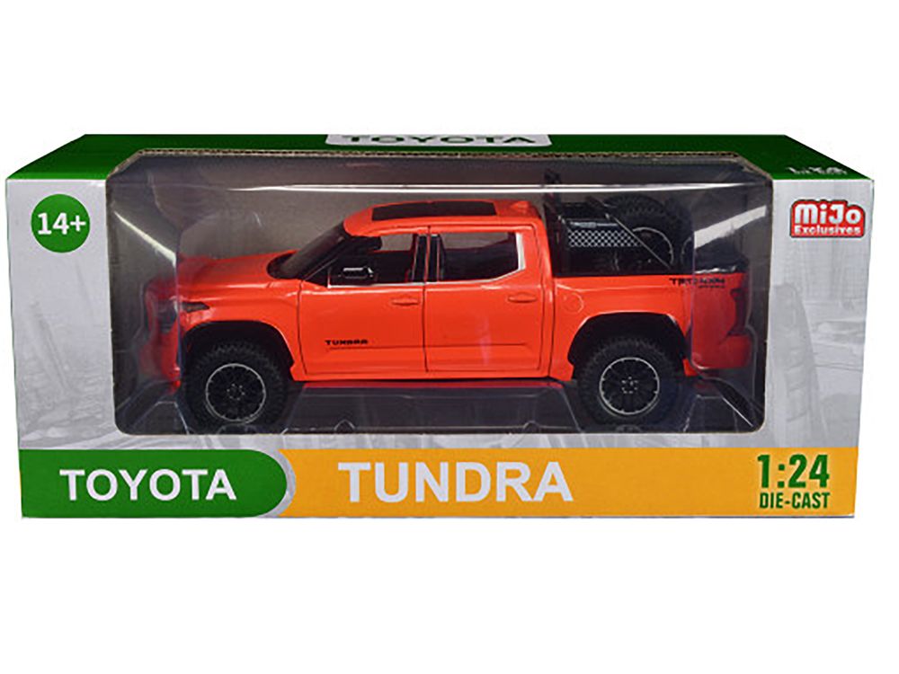 2023 Toyota Tundra TRD 4x4 Pickup Truck Solar Octane Orange with Sunroof and Wheel Rack 1/24 Diecast Model Car view 3