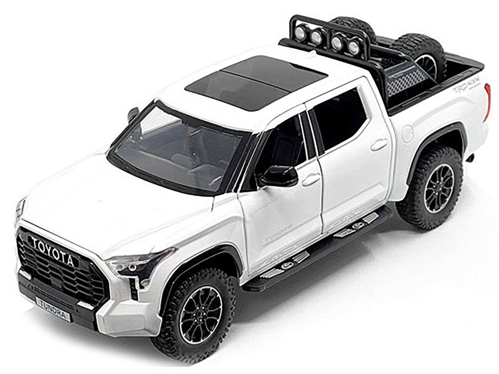 2023 Toyota Tundra TRD 4x4 Pickup Truck White Metallic with Sunroof and Wheel Rack 1/24 Diecast Model Car view 2