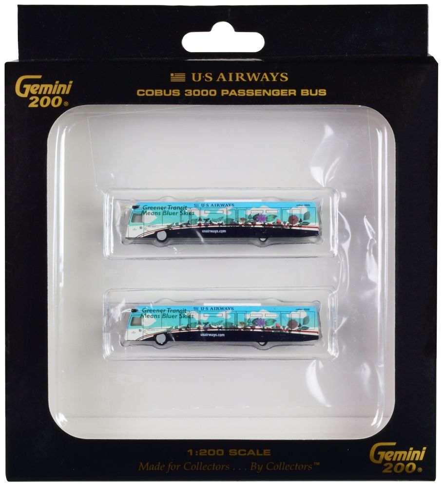 Cobus 3000 Passenger Bus White and Blue with Graphics "US Airways Shuttle Bus - Greener Transit" 2 Piece Set "Gemini 200" Series Diecast Models by GeminiJets