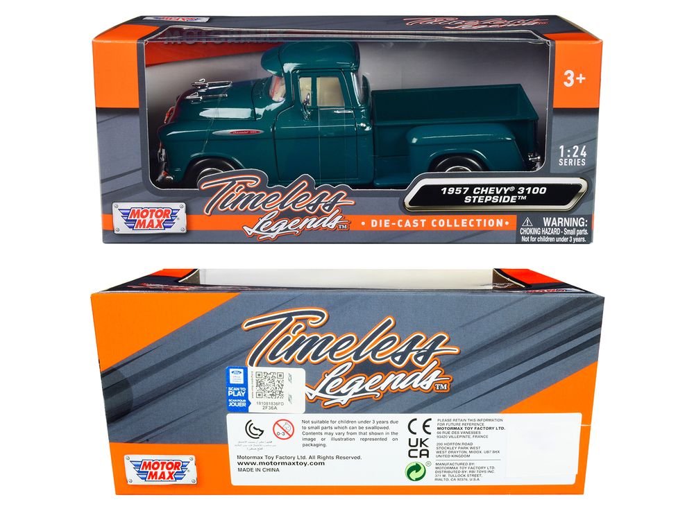 1957 Chevrolet 3100 Stepside Pickup Truck Teal Metallic "Timeless Legends" Series 1/24 Diecast Model Car by Motormax view 3