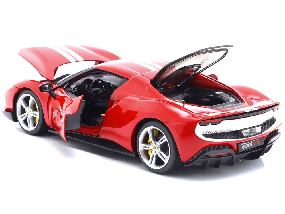 Ferrari 296 GTB Assetto Fiorano Red with White Stripes "Race + Play" Series 1/18 Diecast Model Car by Bburago view 2