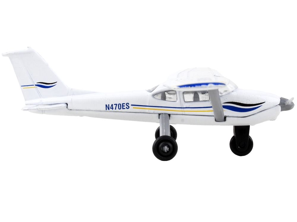 Cessna 172 Aircraft White with Blue and Yellow Stripes "N470ES" with Runway Section Diecast Model Airplane by Runway24 view 2
