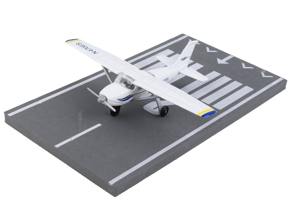 Cessna 172 Aircraft White with Blue and Yellow Stripes "N470ES" with Runway Section Diecast Model Airplane by Runway24 view 3