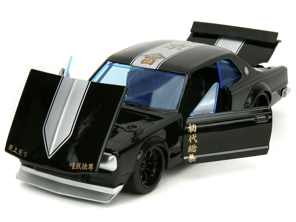 1971 Nissan Skyline GT-R RHD (Right Hand Drive) Black with Silver Stripe and Mikey Diecast Figure "Tokyo Revengers" (2021) TV Series "Anime Hollywood Rides" Series 1/24 Diecast Model Car by Jada view 2
