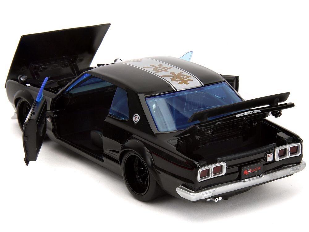 1971 Nissan Skyline GT-R RHD (Right Hand Drive) Black with Silver Stripe and Mikey Diecast Figure "Tokyo Revengers" (2021) TV Series "Anime Hollywood Rides" Series 1/24 Diecast Model Car by Jada view 4