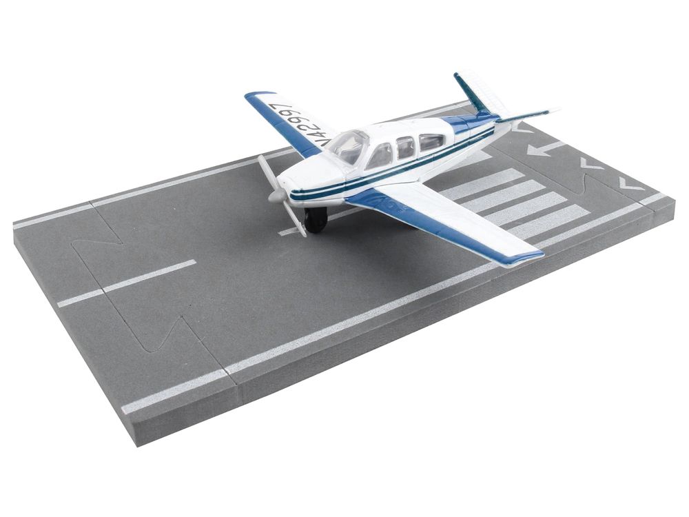 Beechcraft Bonanza Aircraft White with Blue Stripes "N42997" with Runway Section Diecast Model Airplane by Runway24 view 3