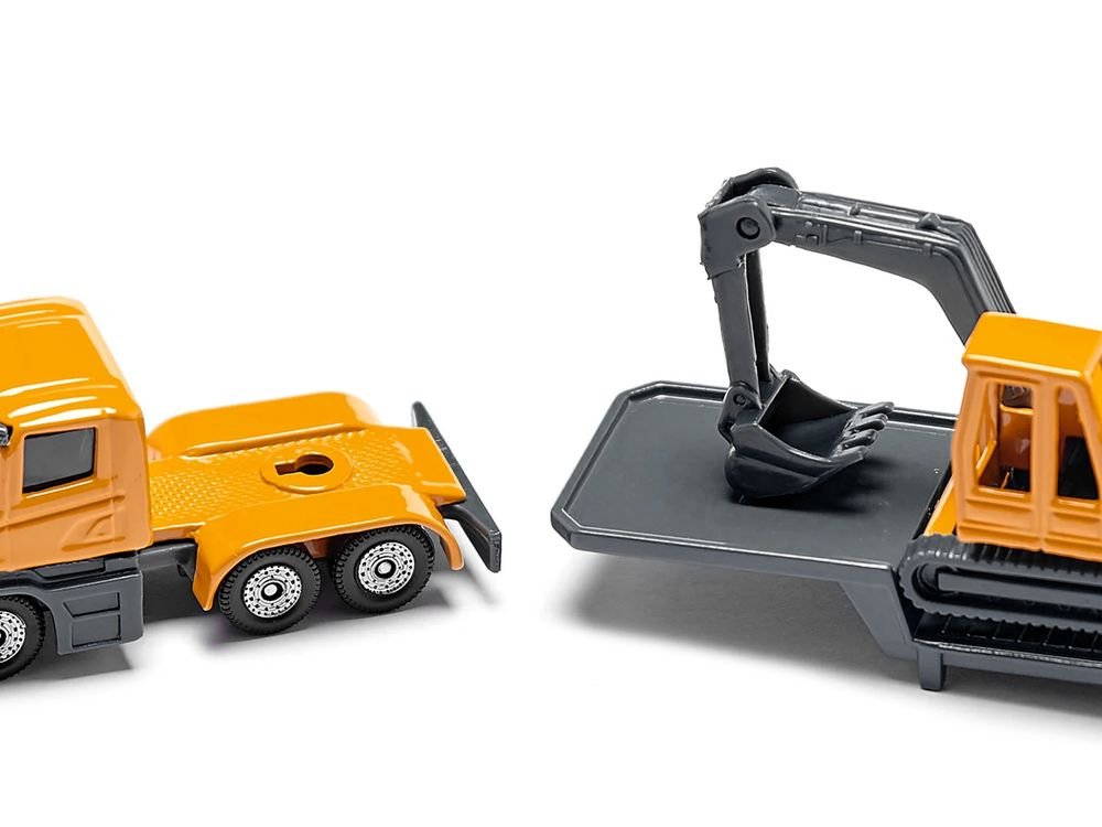 Truck with Low Loader Trailer and Excavator Yellow Diecast Model by Siku view 4