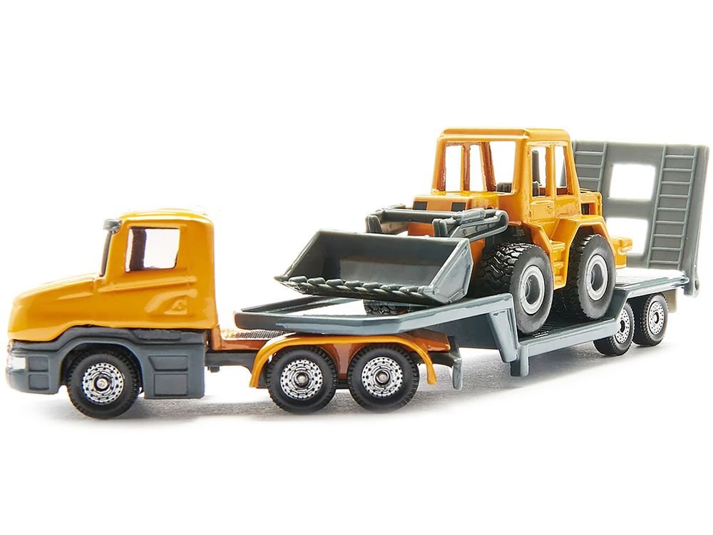 Truck with Low Loader Trailer and Front Loader Yellow Diecast Model by Siku view 3