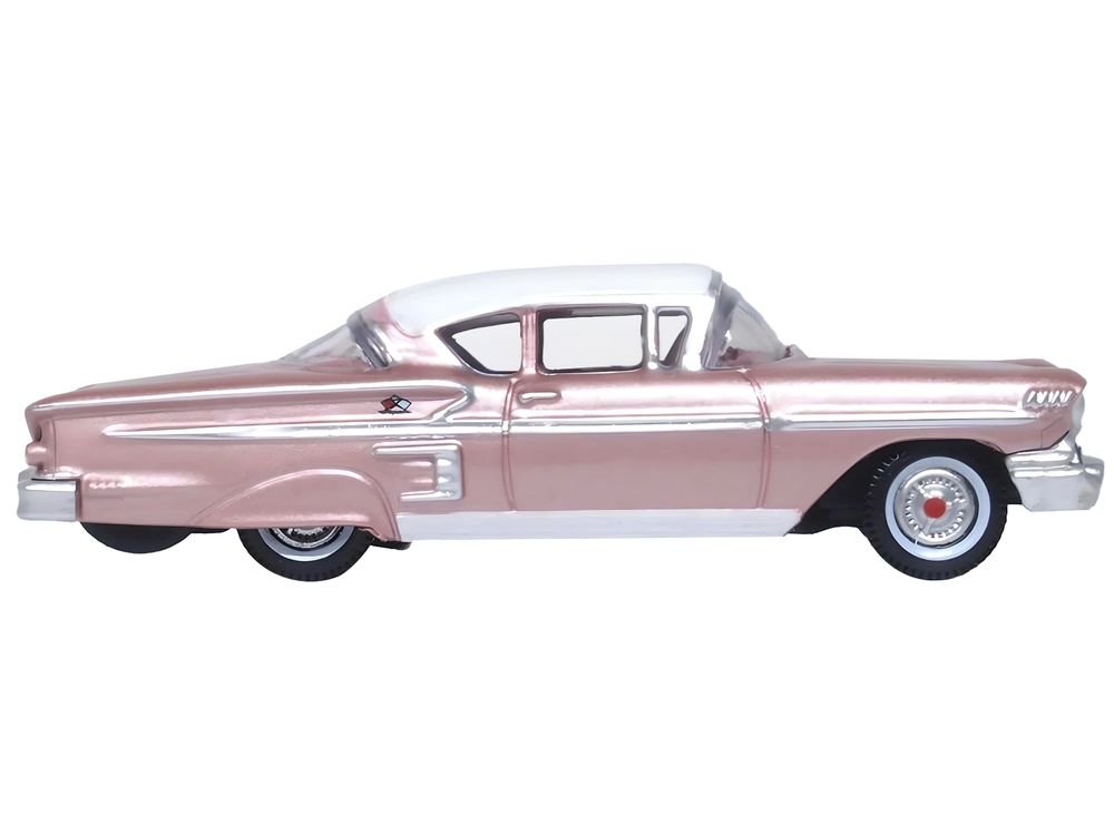 1958 Chevrolet Impala Sport Cay Coral Pink Metallic with White Top 1/87 (HO) Scale Diecast Model Car by Oxford Diecast view 2