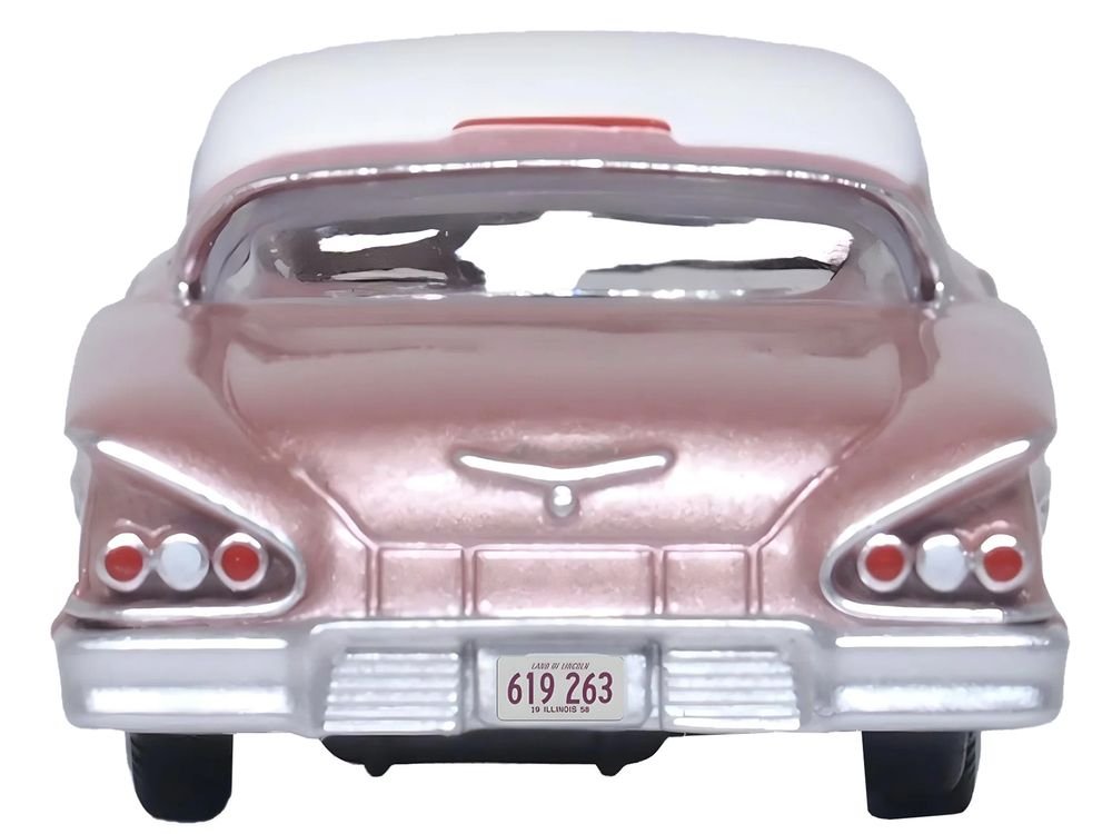 1958 Chevrolet Impala Sport Cay Coral Pink Metallic with White Top 1/87 (HO) Scale Diecast Model Car by Oxford Diecast view 4