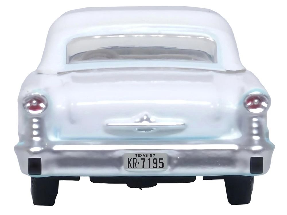 1957 Oldsmobile 88 Convertible (Top-Up) Banff Blue and Alcan White with White 1/87 (HO) Scale Diecast Model Car by Oxford Diecast view 3