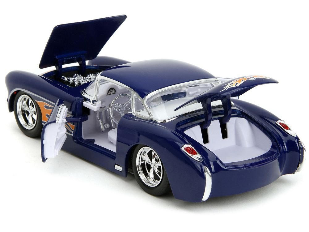 1957 Chevrolet Corvette Dark Blue with Flame Graphics and White Interior "Bigtime Muscle" Series 1/24 Diecast Model Car by Jada view 4
