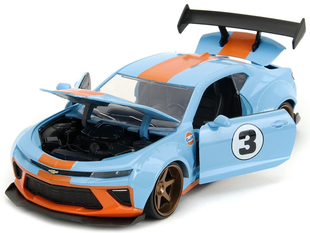 2016 Chevrolet Camaro Widebody #3 Light Blue with Orange Stripes "Gulf Oil" "Wide Body" Series 1/24 Diecast Model Car by Jada view 2