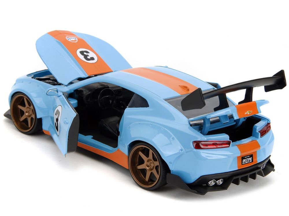 2016 Chevrolet Camaro Widebody #3 Light Blue with Orange Stripes "Gulf Oil" "Wide Body" Series 1/24 Diecast Model Car by Jada view 4