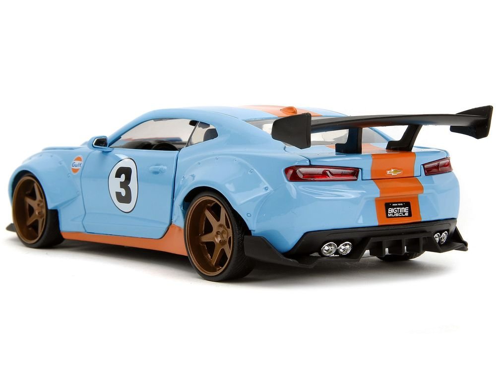 2016 Chevrolet Camaro Widebody #3 Light Blue with Orange Stripes "Gulf Oil" "Wide Body" Series 1/24 Diecast Model Car by Jada view 5