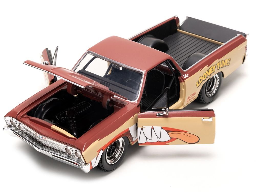 1967 Chevrolet El Camino Brown and Beige with Graphics and Tasmanian Devil (Taz) Diecast Figure "Looney Tunes" "Hollywood Rides" Series 1/24 Diecast Model Car by Jada view 2