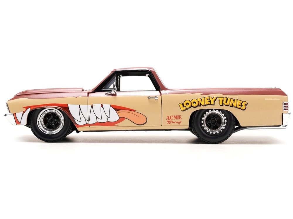 1967 Chevrolet El Camino Brown and Beige with Graphics and Tasmanian Devil (Taz) Diecast Figure "Looney Tunes" "Hollywood Rides" Series 1/24 Diecast Model Car by Jada view 3