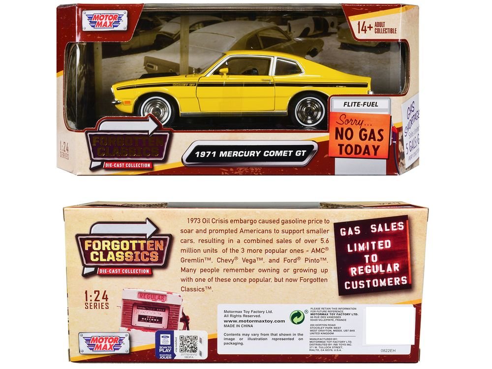 1971 Mercury Comet GT Yellow with Black Stripes "Forgotten Classics" Series 1/24 Diecast Model Car by Motormax view 3