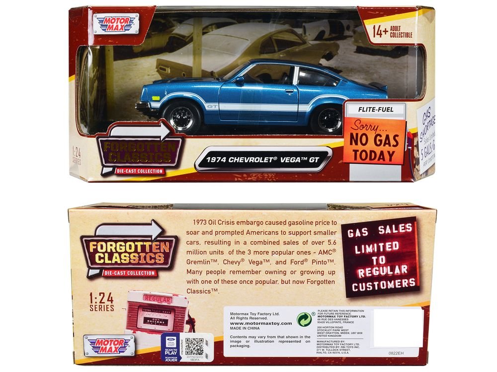 1974 Chevrolet Vega GT Blue Metallic with White Stripes "Forgotten Classics" Series 1/24 Diecast Model Car by Motormax view 3