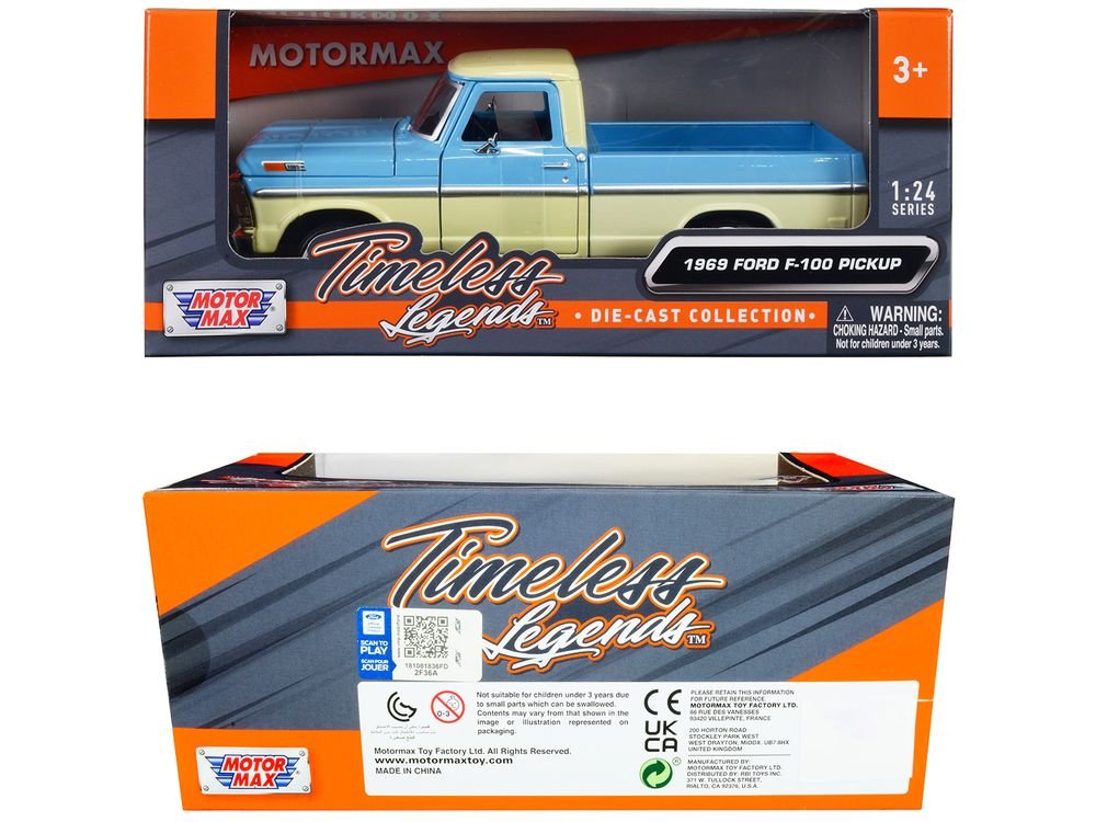 1969 Ford F-100 Pickup Truck Light Blue and Cream "Timeless Legends" Series 1/24 Diecast Model Car by Motormax view 3
