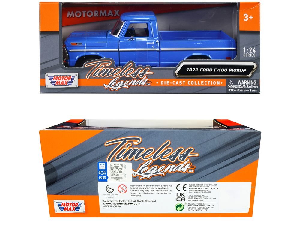 1972 Ford F-100 Pickup Truck Blue "Timeless Legends" Series 1/24 Diecast Model Car by Motormax view 3