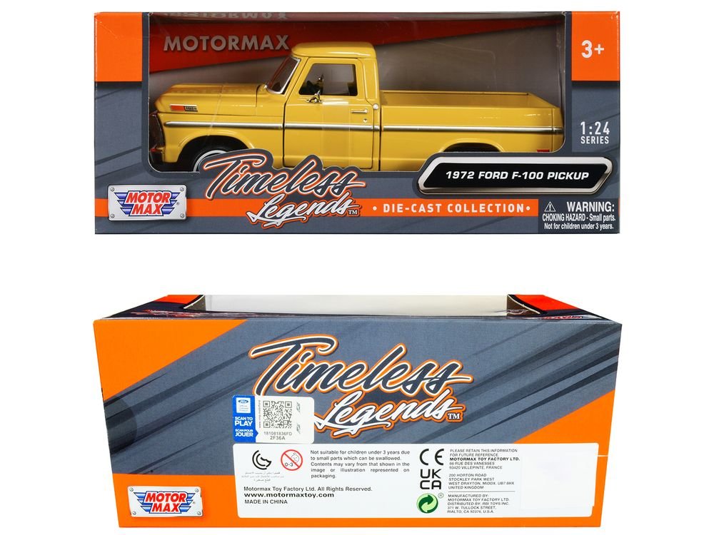 1972 Ford F-100 Pickup Truck Yellow "Timeless Legends" Series 1/24 Diecast Model Car by Motormax view 3