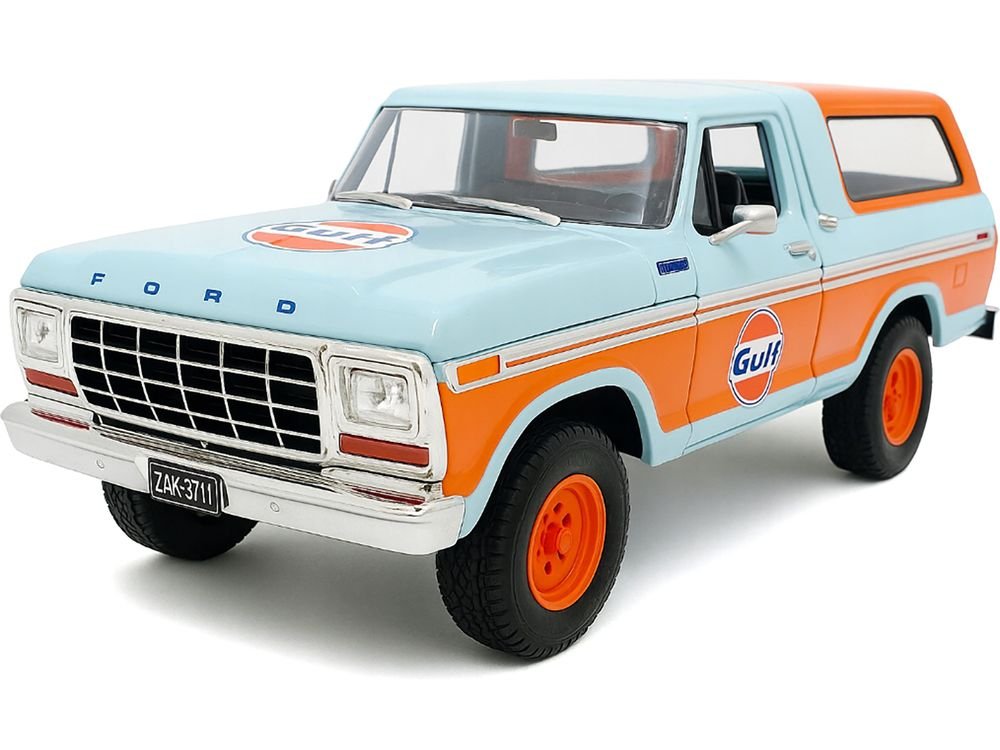 1978 Ford Bronco Light Blue and Orange "Gulf Oil" "Gulf Die-Cast Collection" 1/24 Diecast Model Car by Motormax view 2