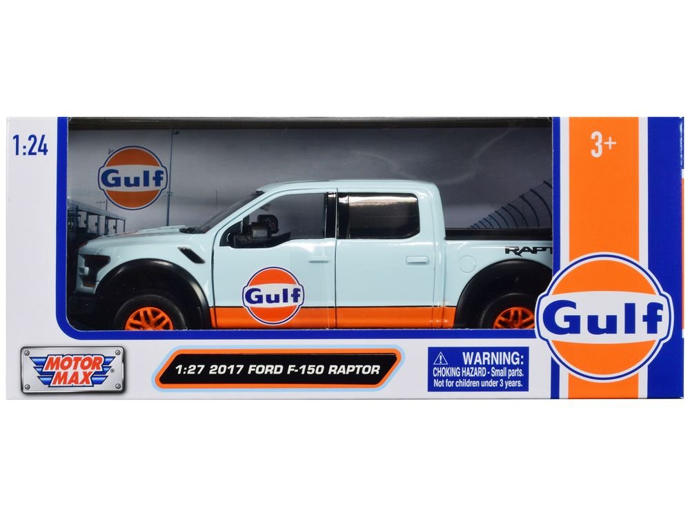 2017 Ford F-150 Raptor Pickup Truck Light Blue with Orange Stripes "Gulf Oil" "Gulf Die-Cast Collection" 1/24-1/27 Diecast Model Car by Motormax