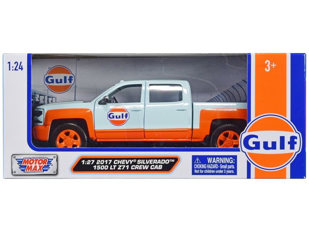 2017 Chevrolet Silverado 1500 LT Z71 Crew Cab Pickup Truck Light Blue with Orange Stripes "Gulf Oil" "Gulf Die-Cast Collection" 1/24-1/27 Diecast Model Car by Motormax