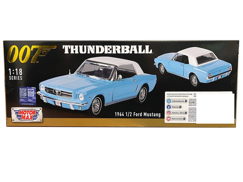 1964 1/2 Ford Mustang Light Blue with White Top James Bond 007 "Thunderball" (1965) Movie "James Bond Collection" Series 1/18 Diecast Model Car by Motormax view 2