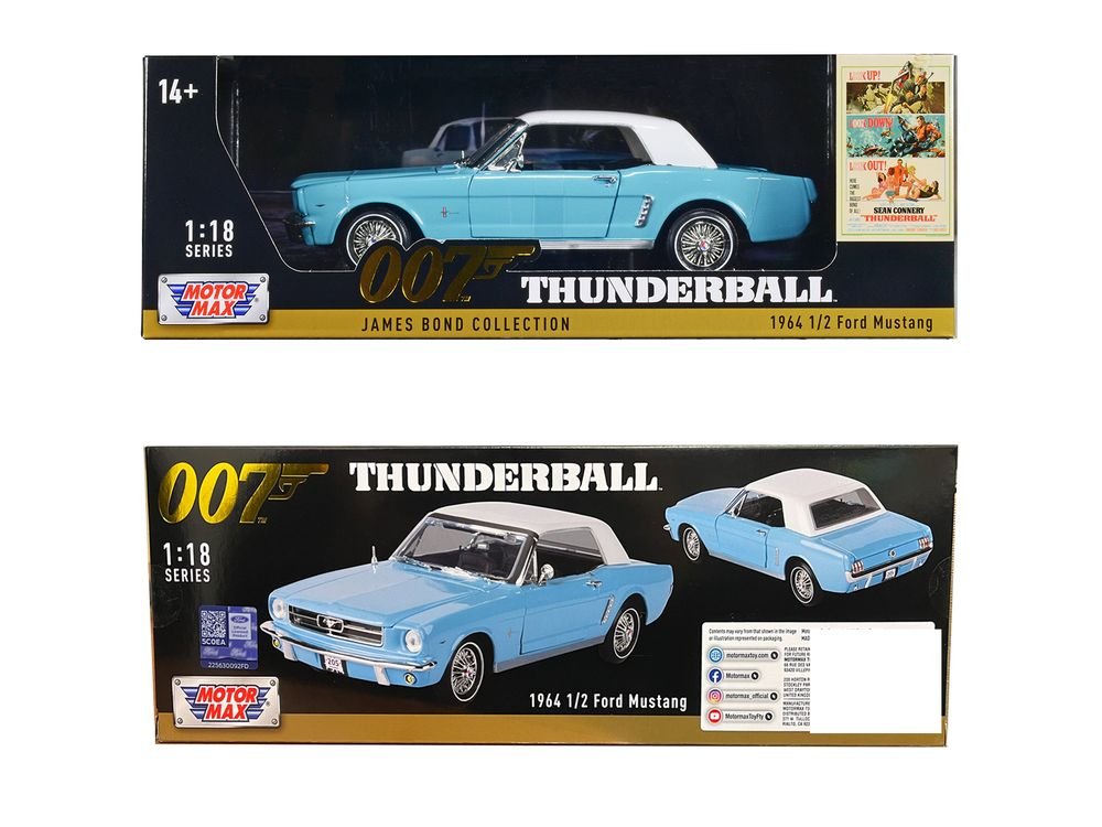 1964 1/2 Ford Mustang Light Blue with White Top James Bond 007 "Thunderball" (1965) Movie "James Bond Collection" Series 1/18 Diecast Model Car by Motormax view 3