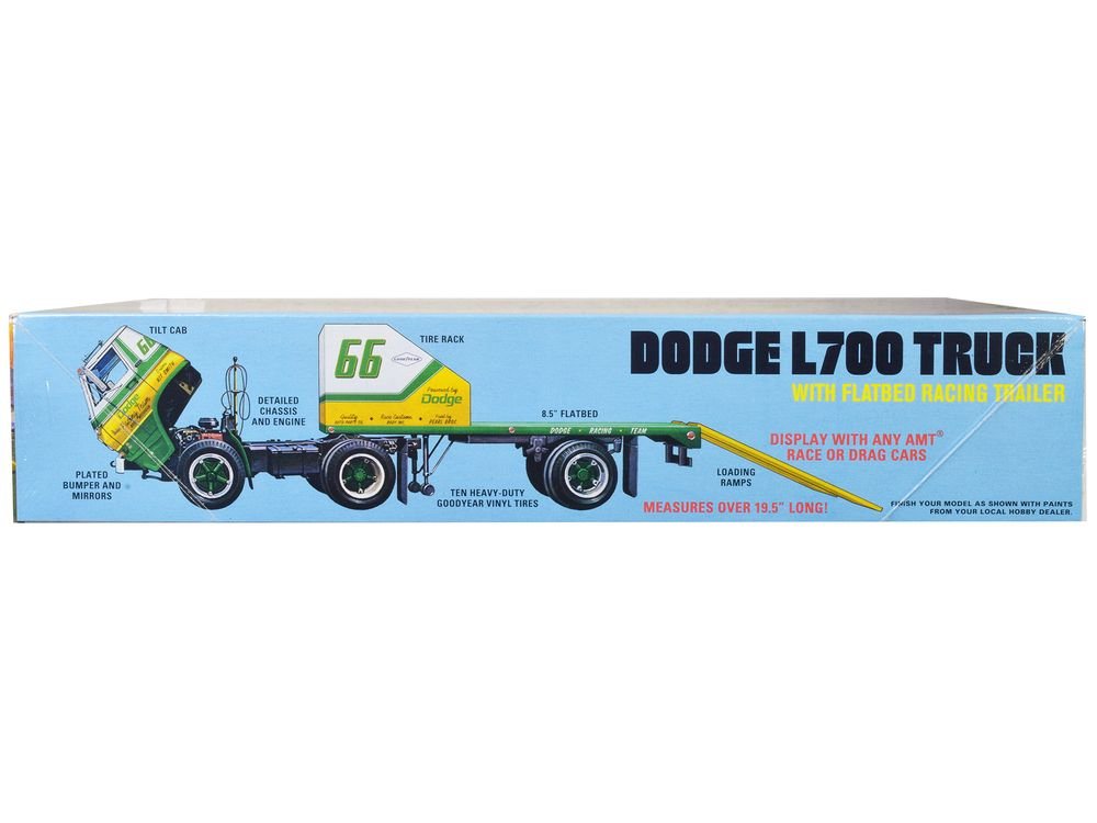 Skill 3 Model Kit 1966 Dodge L700 Truck with Flatbed Racing Trailer 1/25 Scale Model by AMT view 3