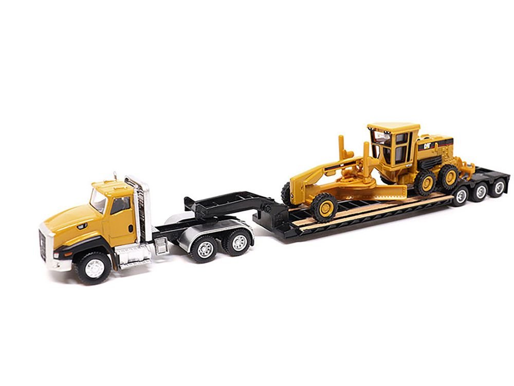 CAT Caterpillar CT660 Day Cab Tractor Yellow with Lowboy Trailer and CAT 163H Motor Grader Yellow 1/87 (HO) Diecast Model by Diecast Masters view 2