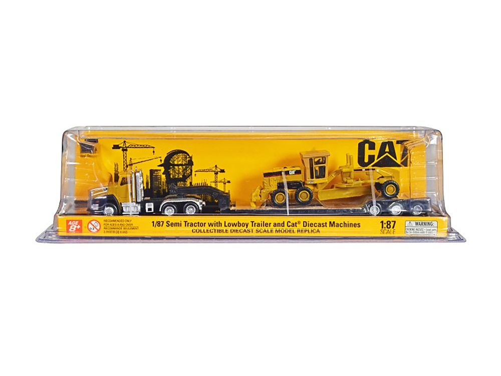 CAT Caterpillar CT660 Day Cab Tractor Yellow with Lowboy Trailer and CAT 163H Motor Grader Yellow 1/87 (HO) Diecast Model by Diecast Masters view 3