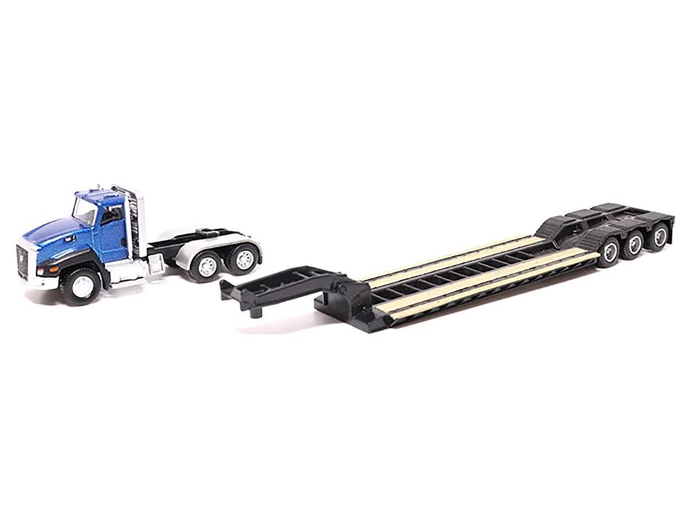CAT Caterpillar CT660 Day Cab Tractor Blue Metallic with Lowboy Trailer and CAT 315C L Hydraulic Excavator Yellow 1/87 (HO) Diecast Model by Diecast Masters view 2