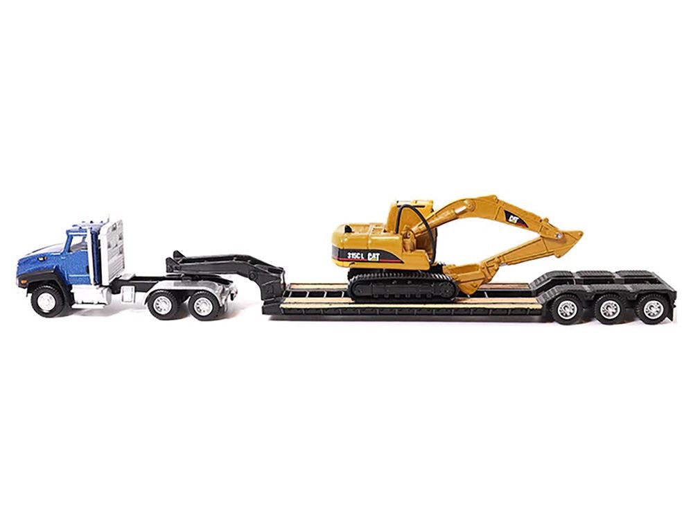 CAT Caterpillar CT660 Day Cab Tractor Blue Metallic with Lowboy Trailer and CAT 315C L Hydraulic Excavator Yellow 1/87 (HO) Diecast Model by Diecast Masters view 3