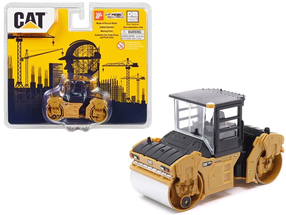 CAT Caterpillar CB-13 Tandem Vibratory Roller with Cab Yellow and Black 1/64 Diecast Model by Diecast Masters
