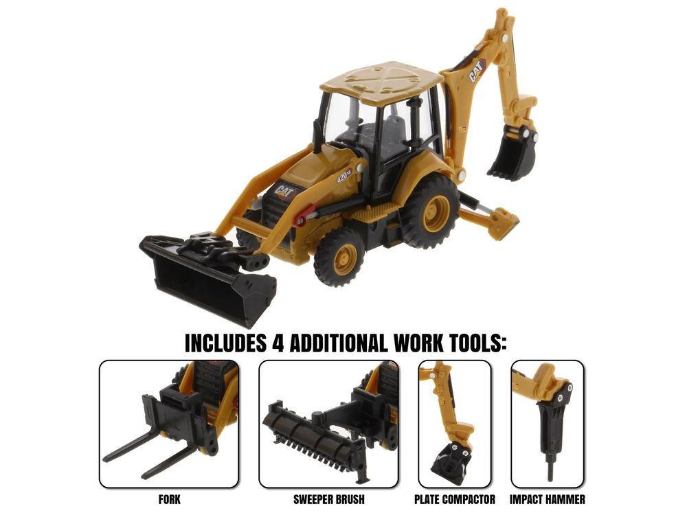 CAT Caterpillar 420 XE Backhoe Loader with Work Tools Yellow 1/64 Diecast Model by Diecast Masters view 2