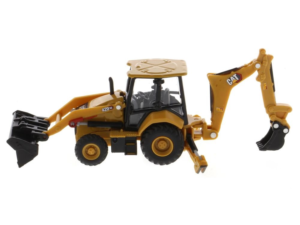 CAT Caterpillar 420 XE Backhoe Loader with Work Tools Yellow 1/64 Diecast Model by Diecast Masters view 3