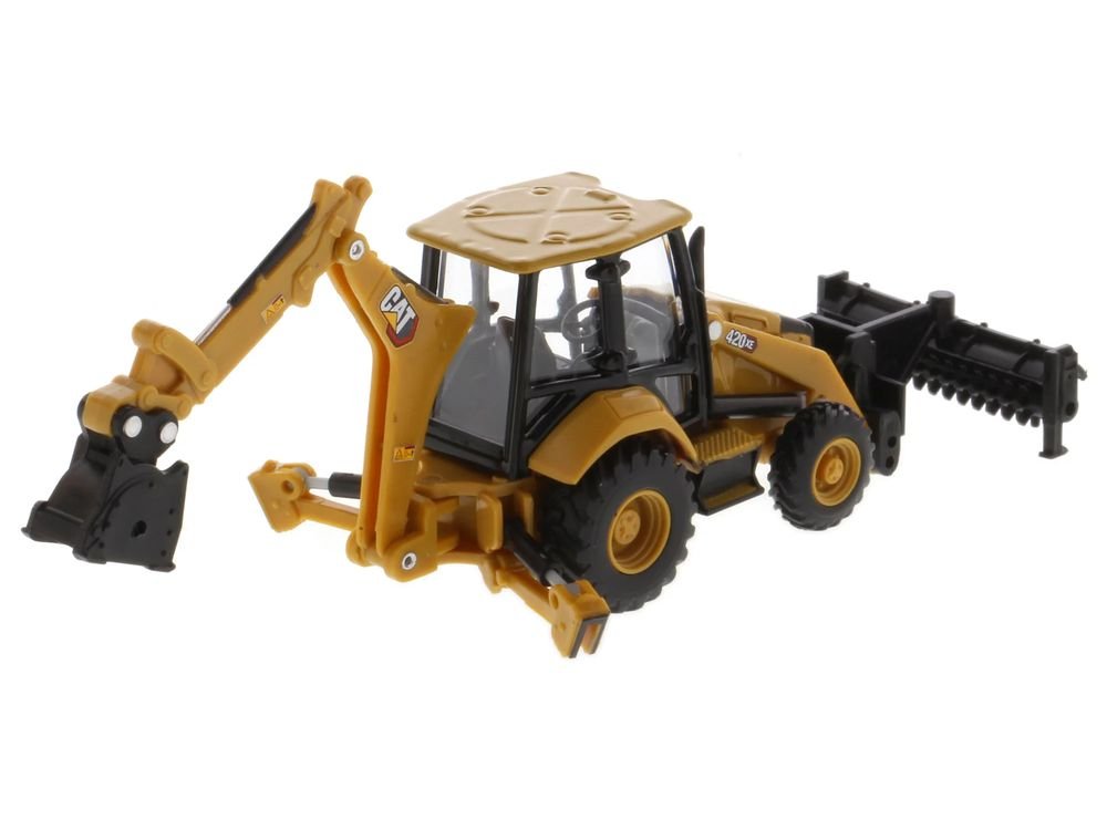 CAT Caterpillar 420 XE Backhoe Loader with Work Tools Yellow 1/64 Diecast Model by Diecast Masters view 4
