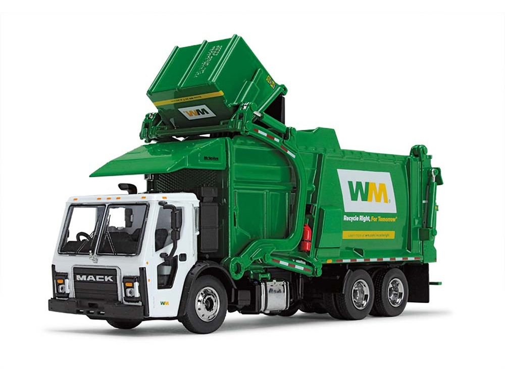 Mack LR Garbage Truck with McNeilus Meridian Front Load Refuse Body White and Green with Refuse Bin "Waste Management" 1/64 Diecast Model by First Gear view 3