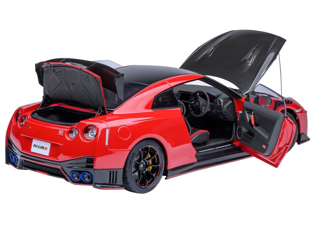 2022 Nissan GT-R (R35) Nismo Special Edition RHD (Right Hand Drive) Vibrant Red with Carbon Hood and Top 1/18 Model Car by Autoart view 2